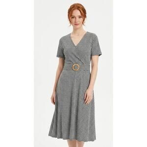 HELYO Women's Houndstooth Midi Dress XL Polyester Elastane Black White Classic